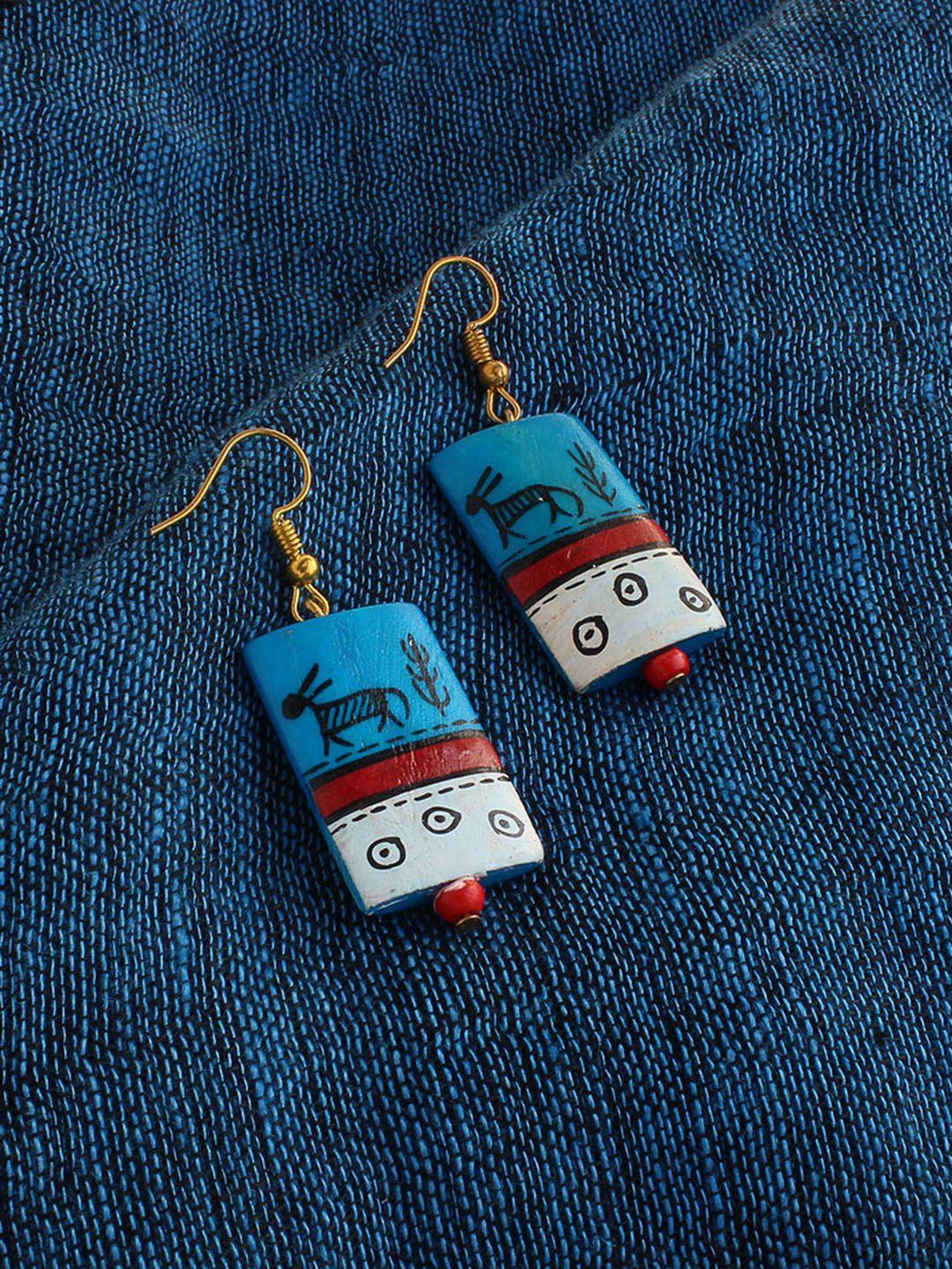 exclusivelane blue & white geometric tribal warli rectangles handcrafted drop earrings