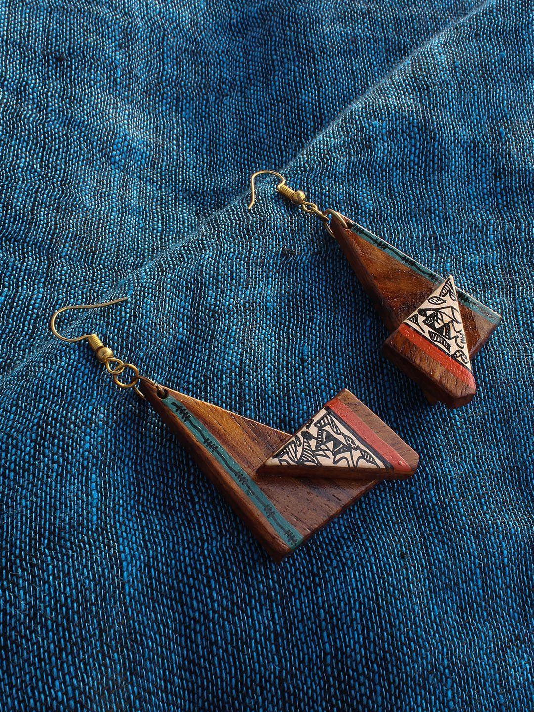 exclusivelane brown hand-painted tribal warli bohemian drop wooden earrings