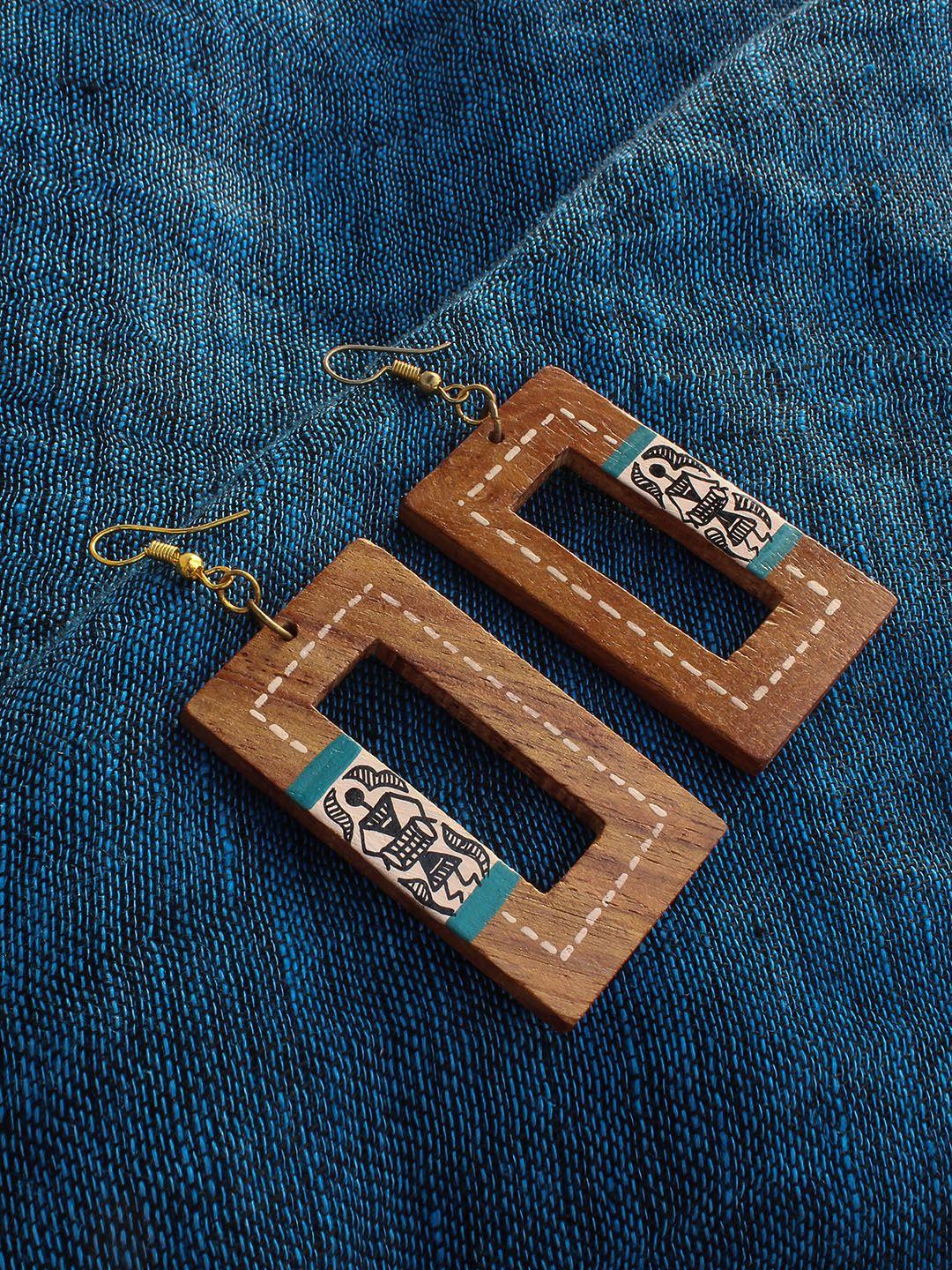 exclusivelane brown hand-painted warli art geometric bohemian wooden earrings