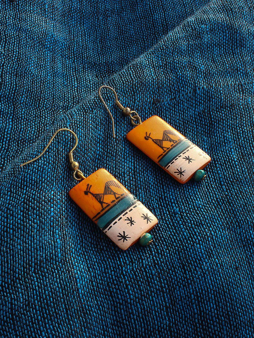 exclusivelane orange tribal warli rectangles bohemian resin hand-painted earrings