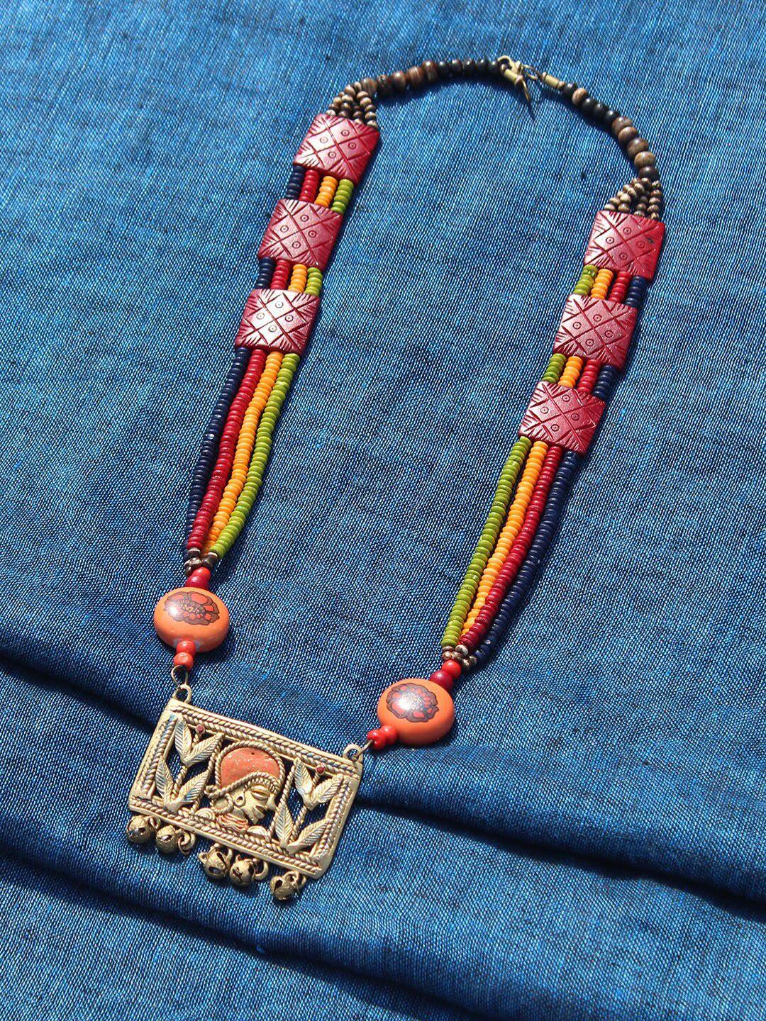 exclusivelane red tribal queen floral multistrand handcrafted beaded brass necklace