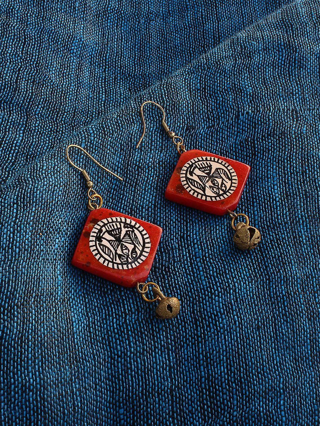 exclusivelane red tribal warli squares bohemian resin hand-painted earrings