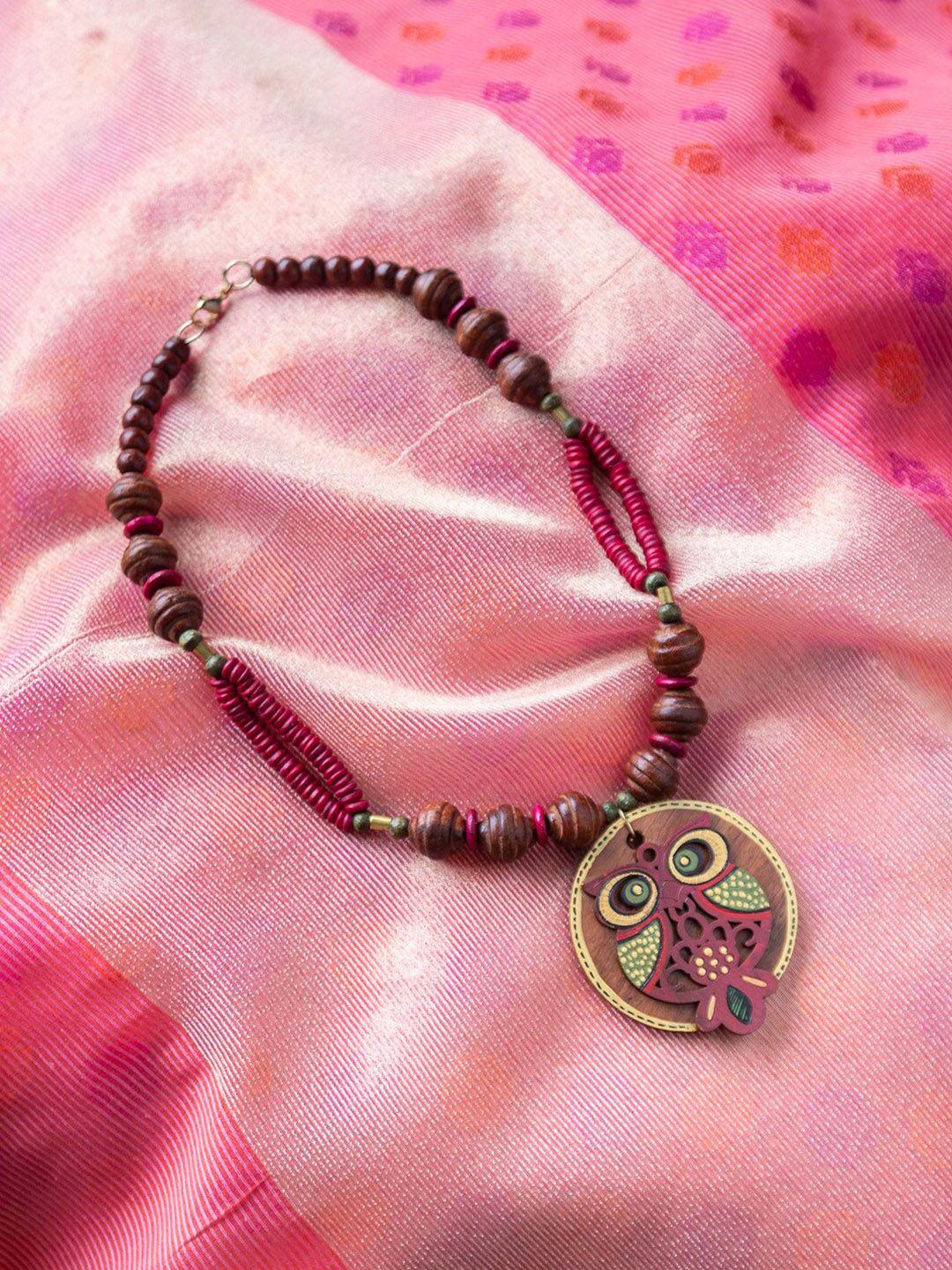 exclusivelane symphony of owls brown & gold-toned bohemian hand-painted wooden necklace