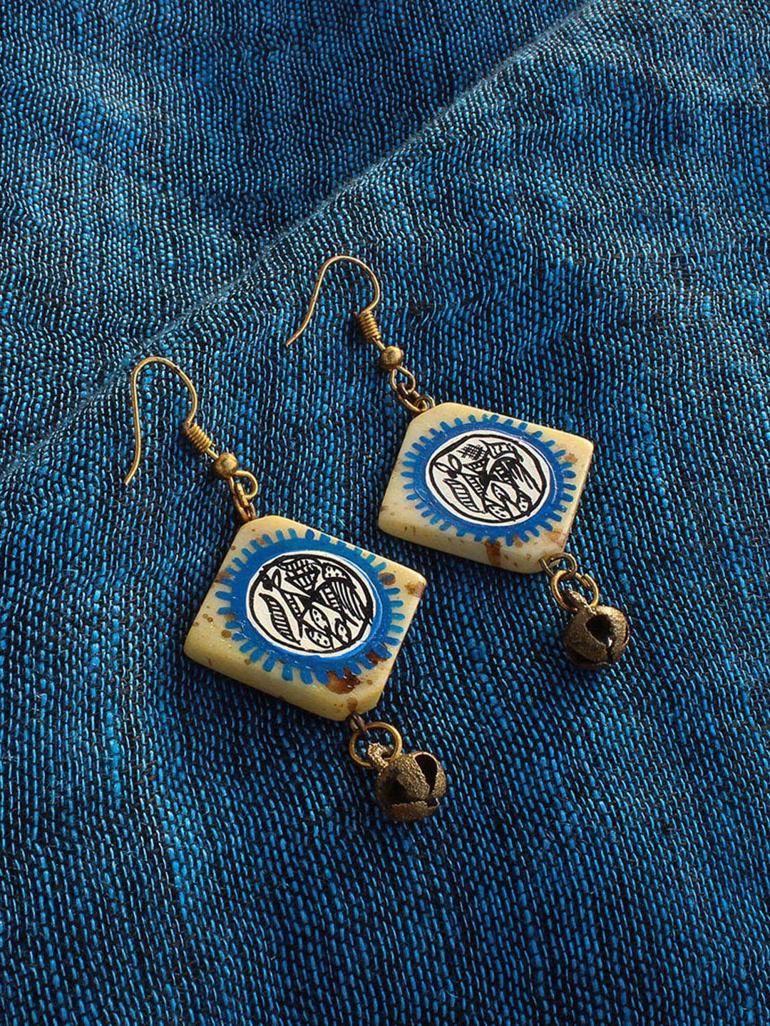 exclusivelane tribal warli squares hand painted bohemian tribal warli drop earrings