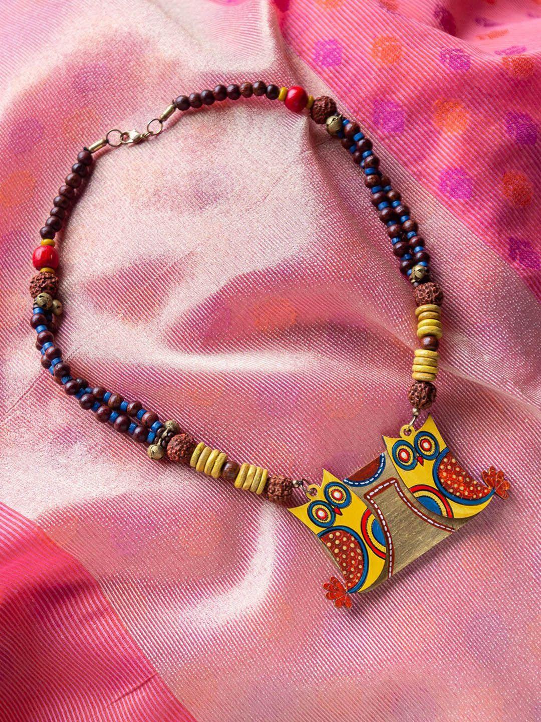 exclusivelane yellow & brown symphony of owls handpainted wooden necklace