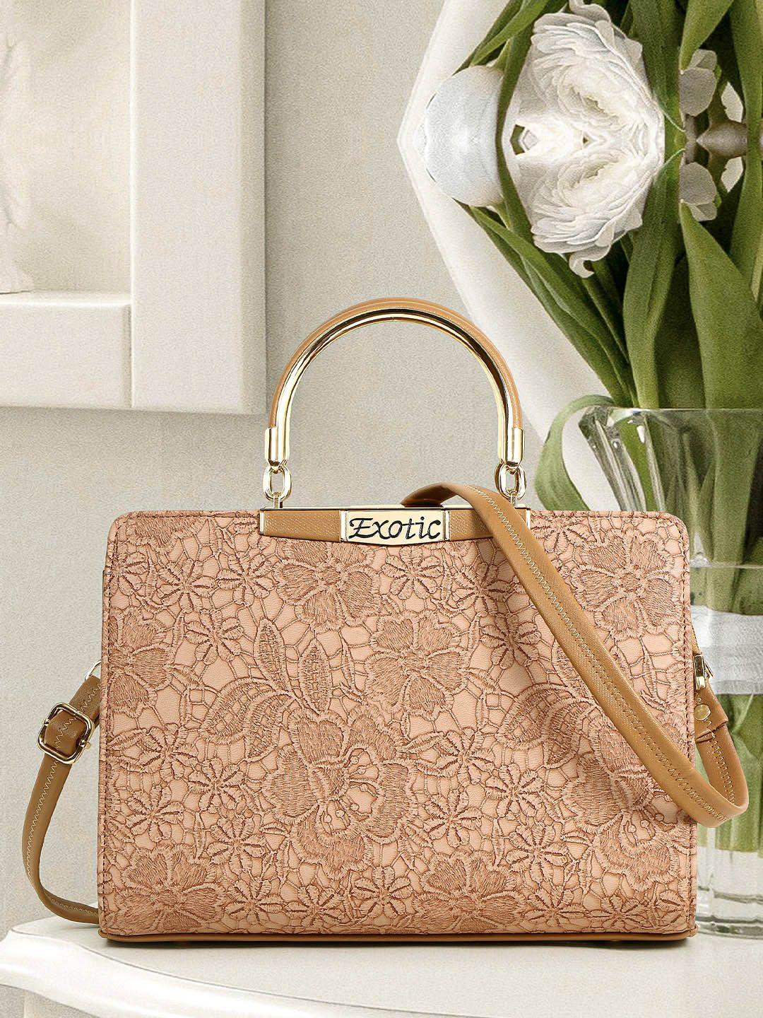 exotic beige floral pu shopper handheld bag with tasselled