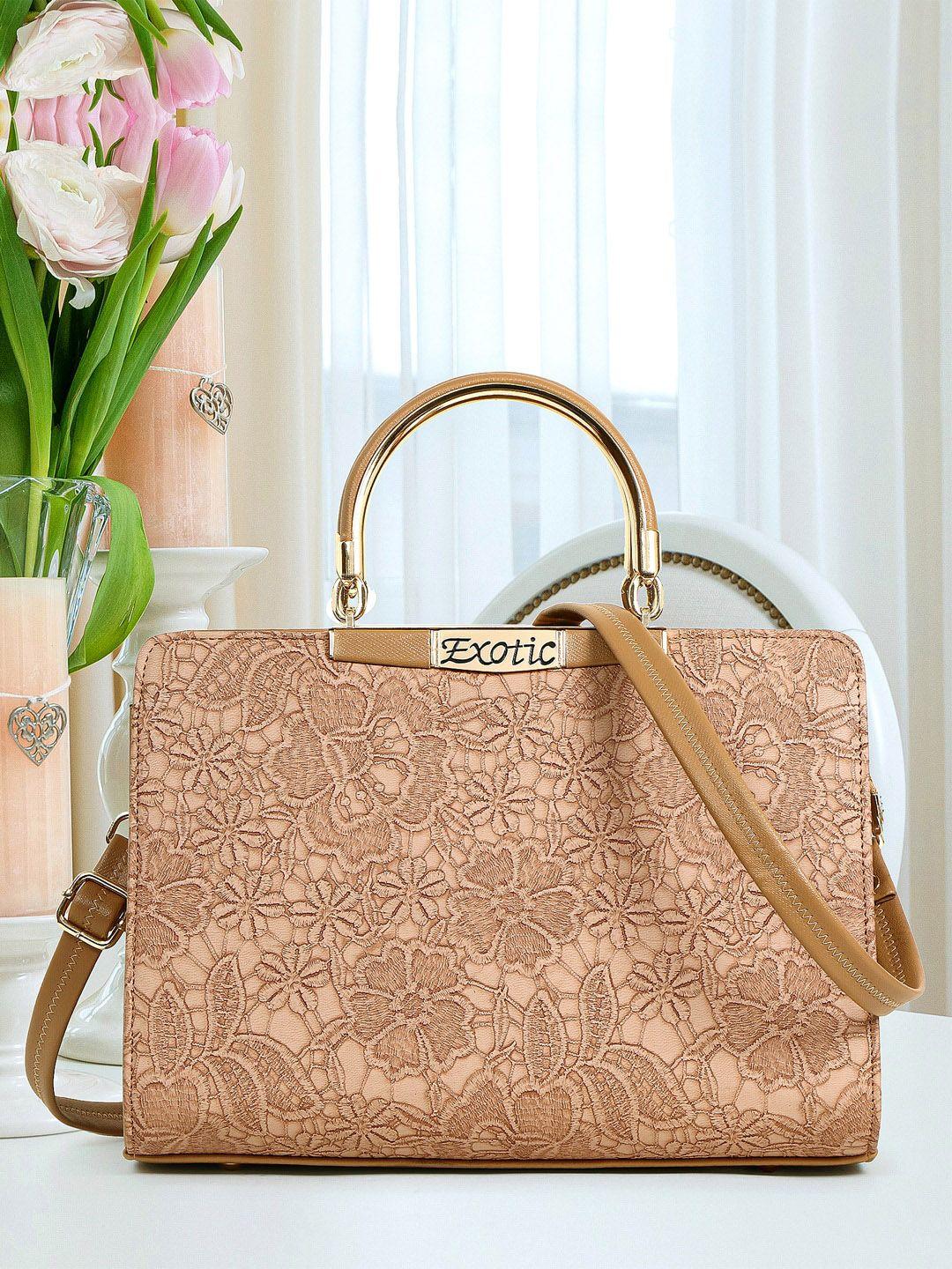exotic beige pu structured handheld bag with cut work