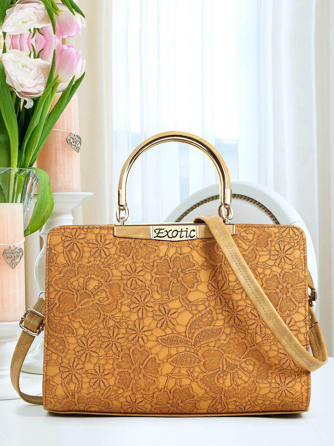exotic mustard textured pu shopper satchel with applique