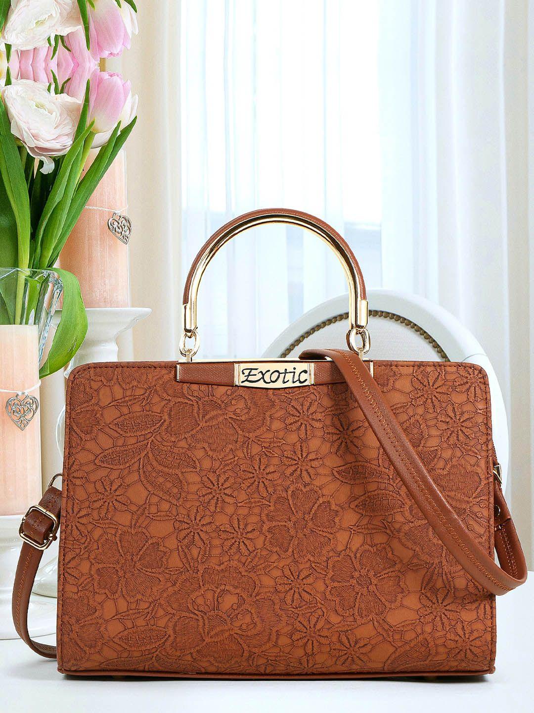 exotic tan pu shopper satchel with applique
