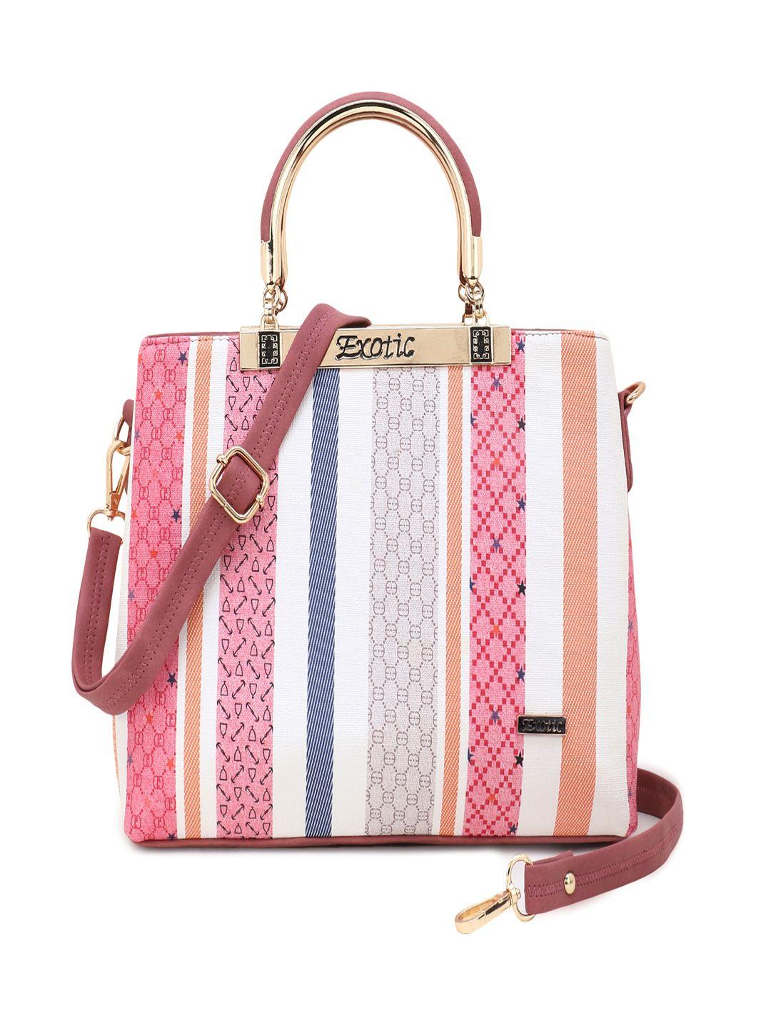 exotic women white & peach striped textured handheld bag with detachable sling strap