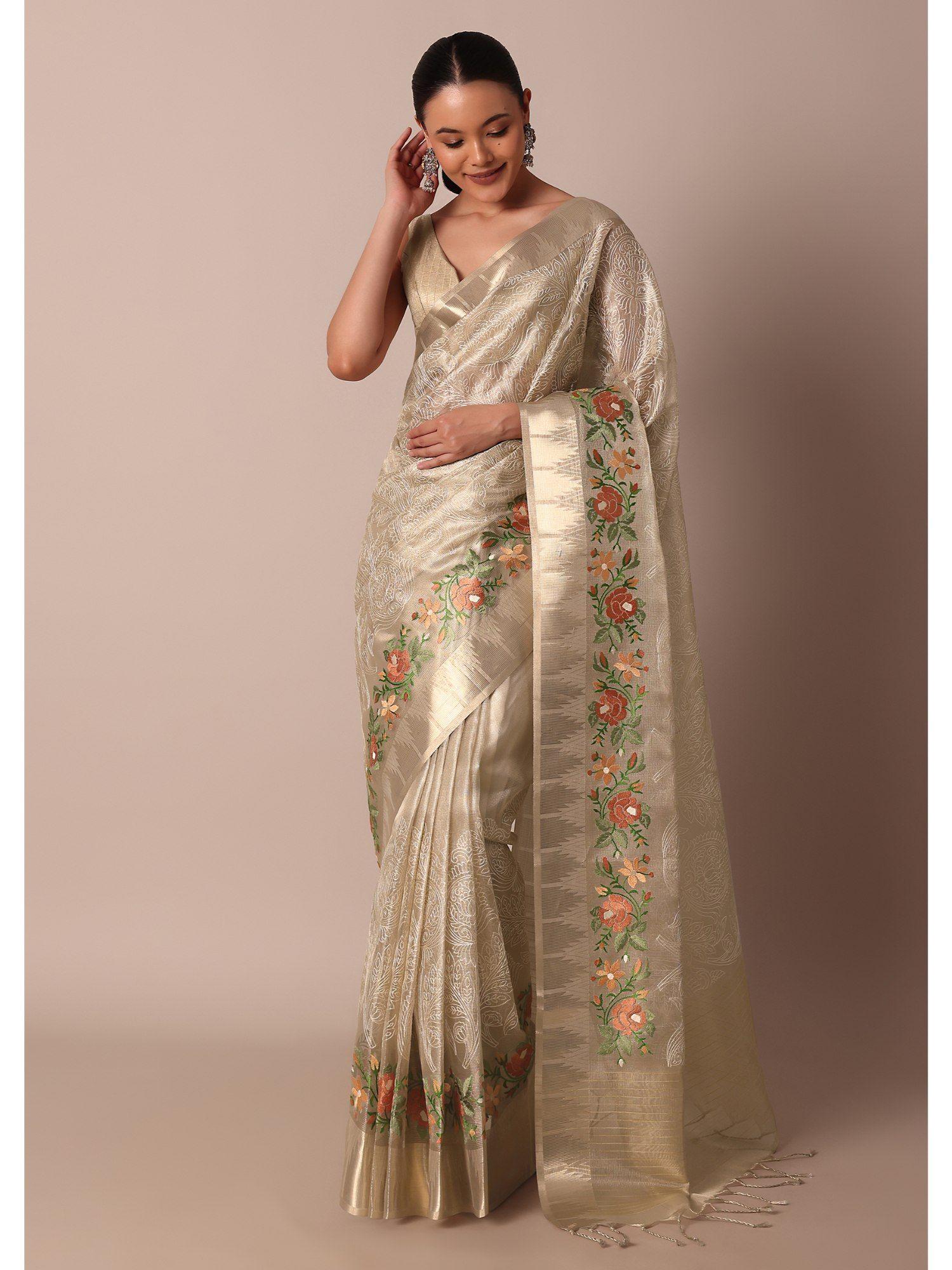 exquisite resham thread butti work golden silk saree with unstitched blouse piece