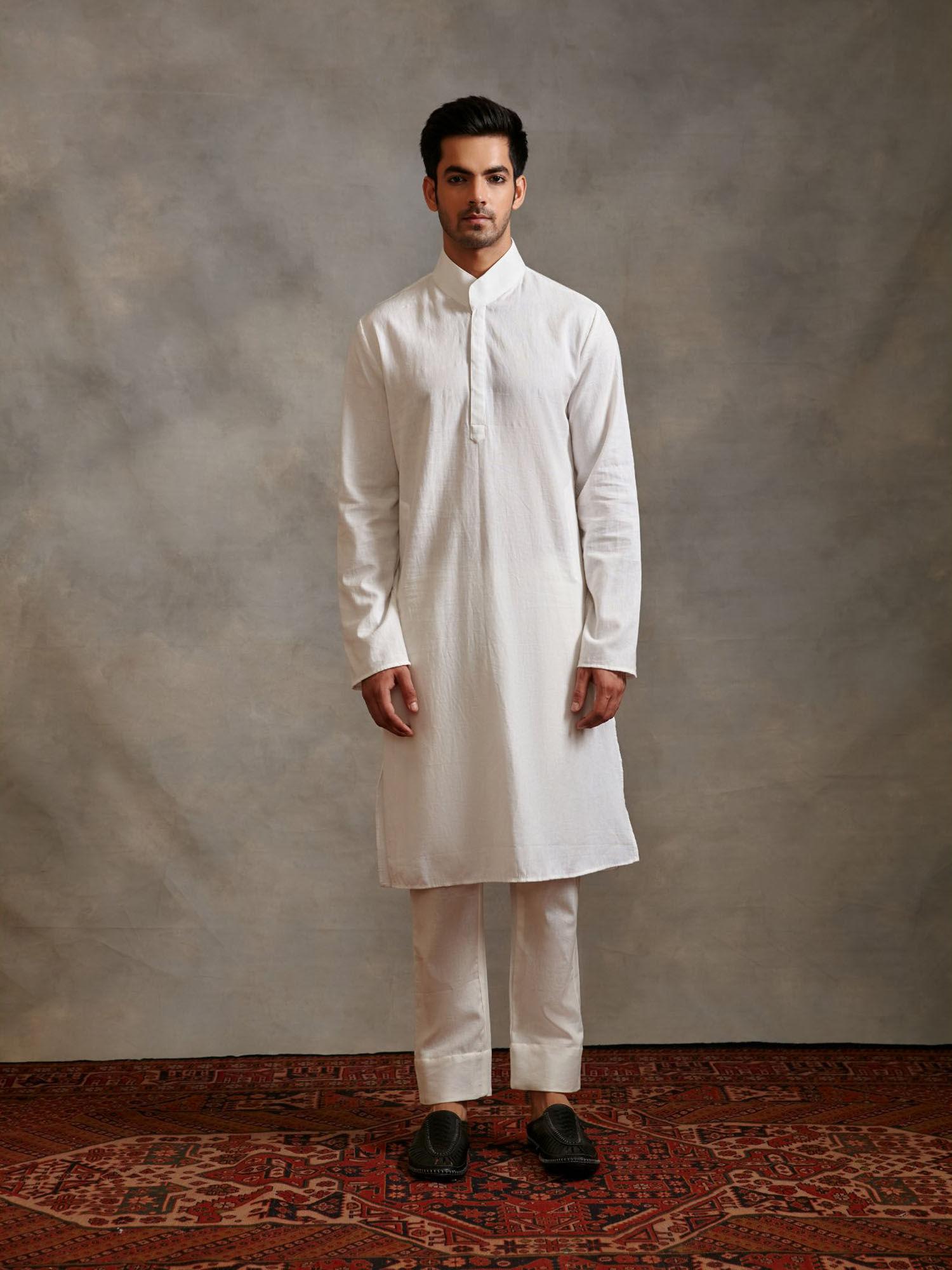 extended collar cotton flax kurta with ankle pants (set of 2)