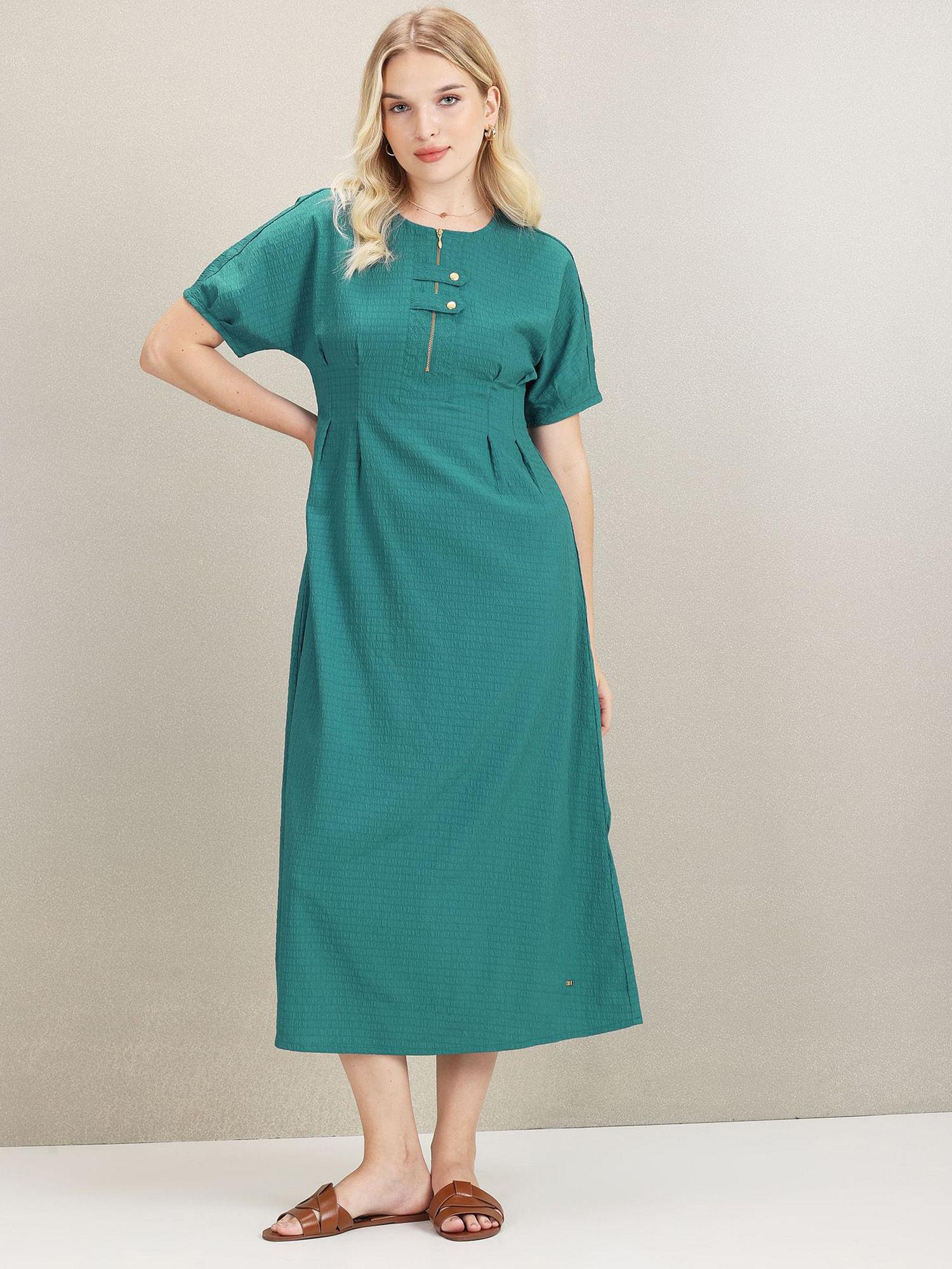 extended sleeve textured fit and flare dress