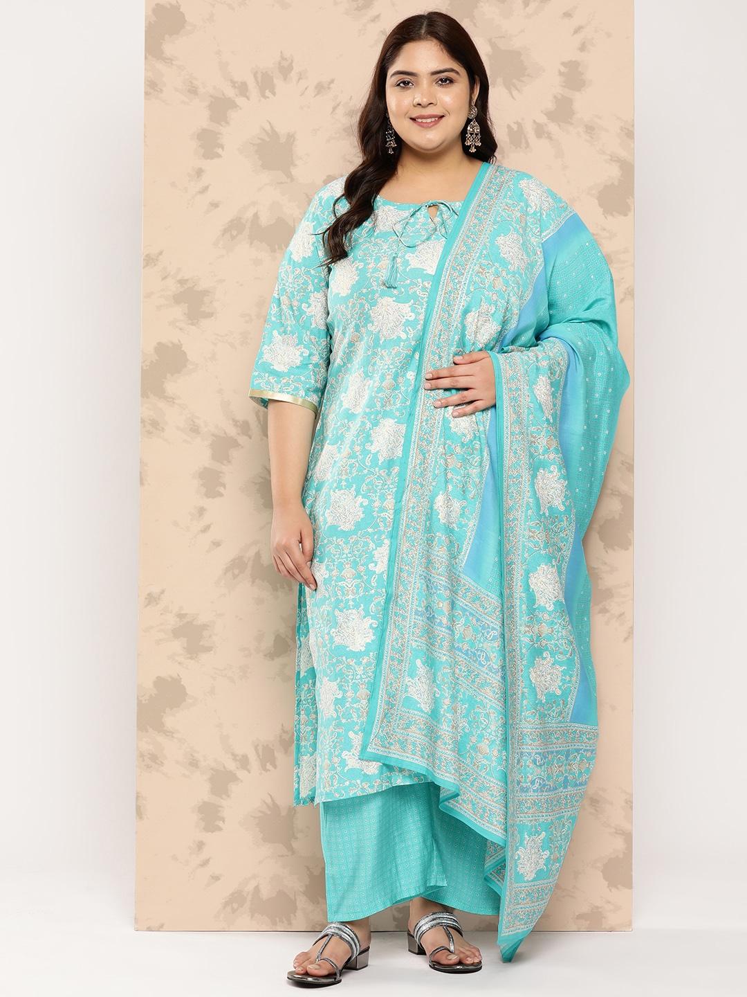 extra love by libas plus size floral printed kurta with trousers & dupatta