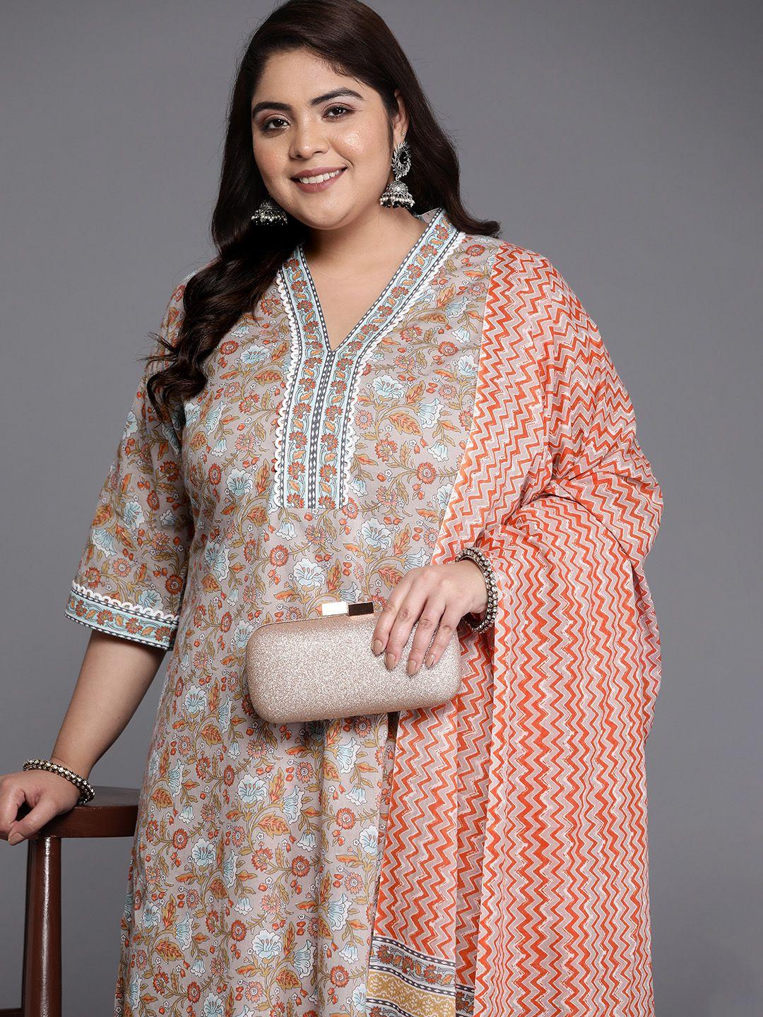 extra love by libas plus size printed pure cotton kurta with trousers & with dupatta