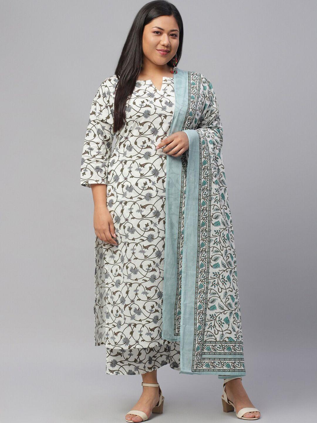extra love by libas plus size women white floral cotton kurta with palazzos & with dupatta