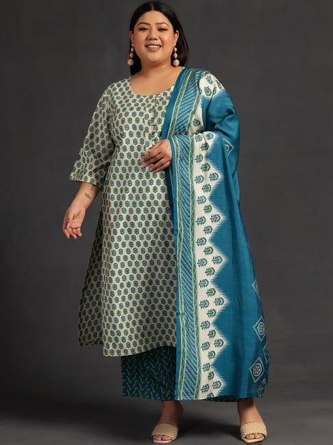 extra love by libas beige & blue floral print kurta palazzo set with dupatta