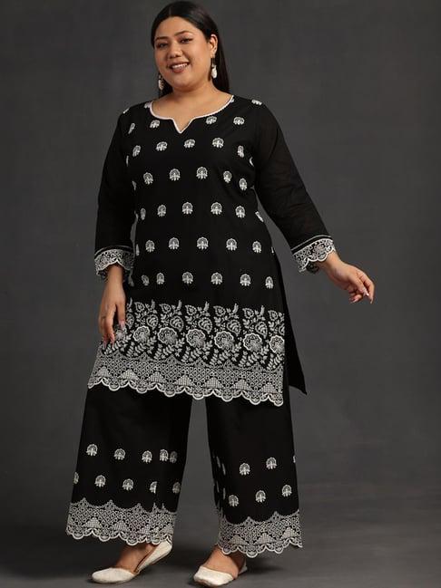 extra love by libas black cotton embroidered kurta palazzo set