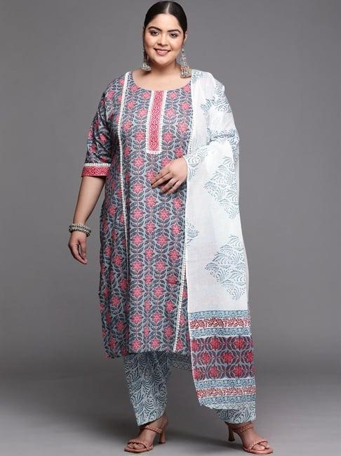 extra love by libas blue & white cotton floral print kurta salwar set with dupatta