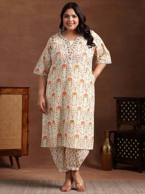 extra love by libas cream cotton floral print kurta & salwar set