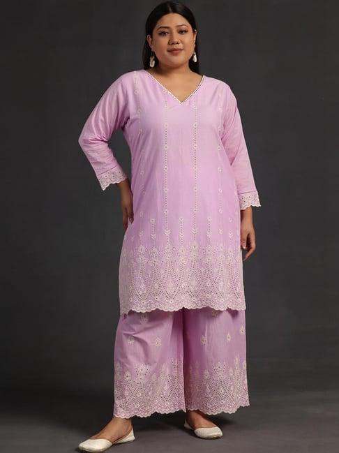 extra love by libas lilac cotton embroidered kurta palazzo set