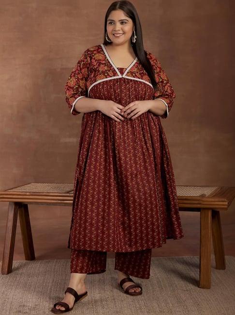 extra love by libas maroon cotton floral print kurta palazzo set