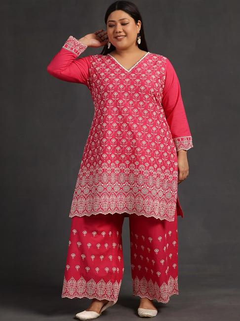 extra love by libas pink cotton embroidered kurta palazzo set