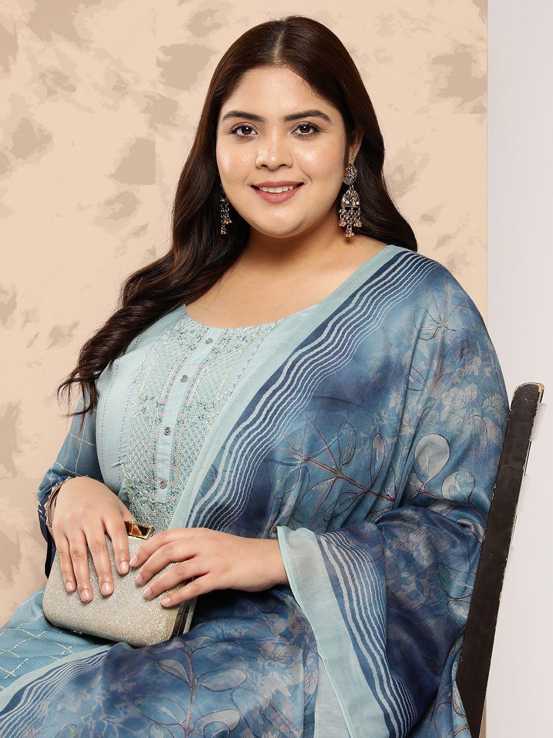 extra love by libas plus size embroidered thread work kurta with trousers & dupatta