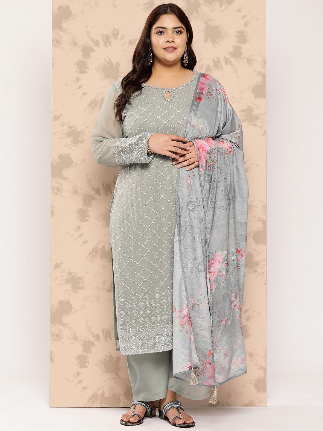 extra love by libas plus size embroidered thread work kurta with trousers & dupatta