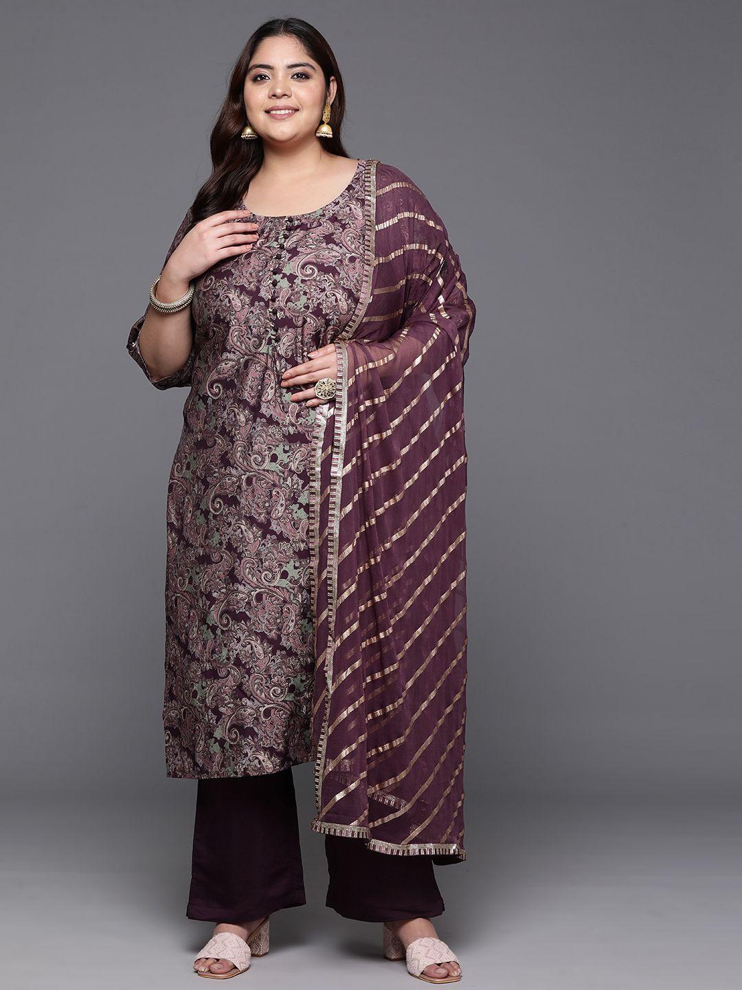 extra love by libas plus size ethnic motifs printed kurta with trousers & dupatta