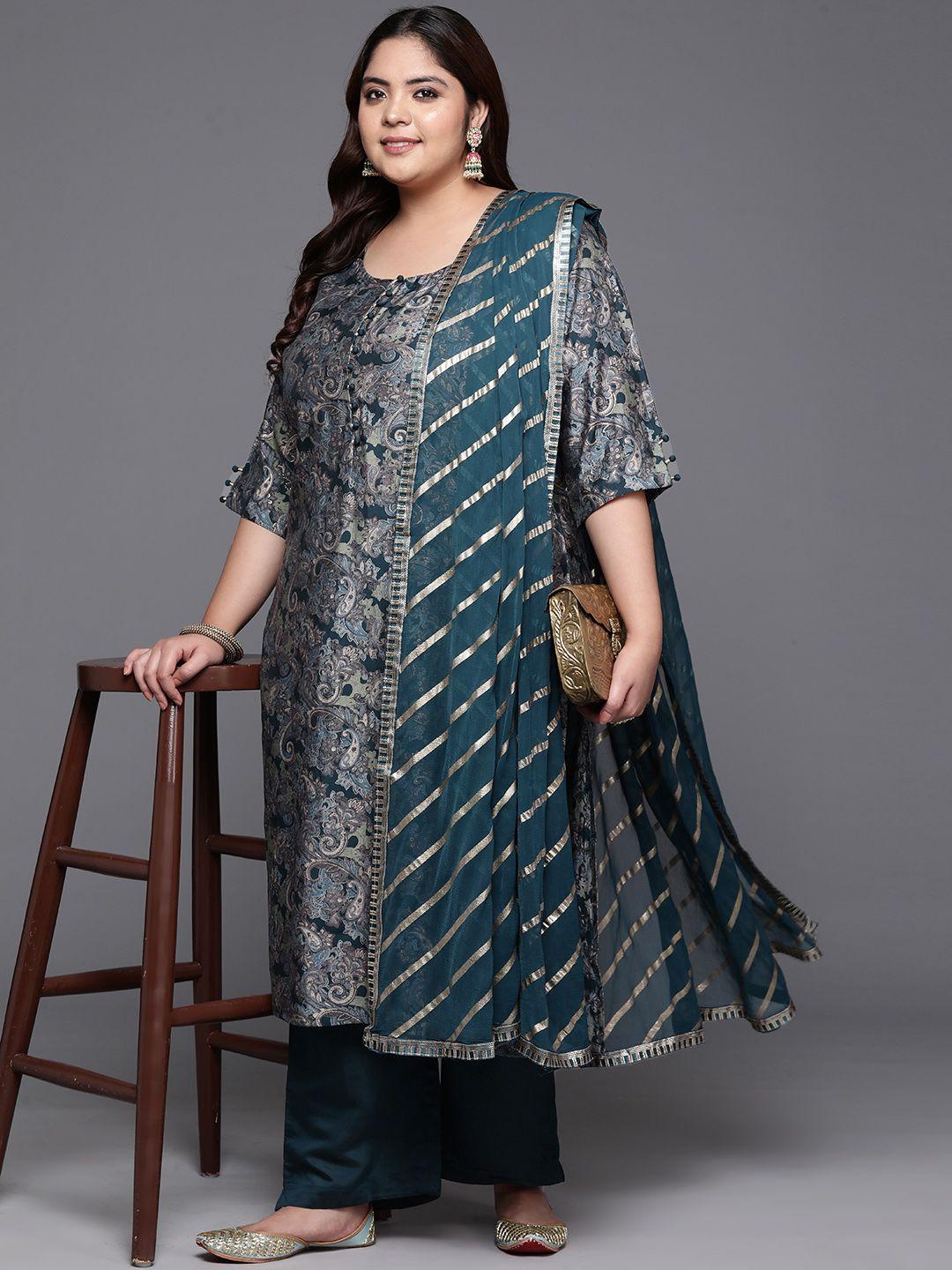 extra love by libas plus size ethnic motifs printedkurta with trousers & dupatta