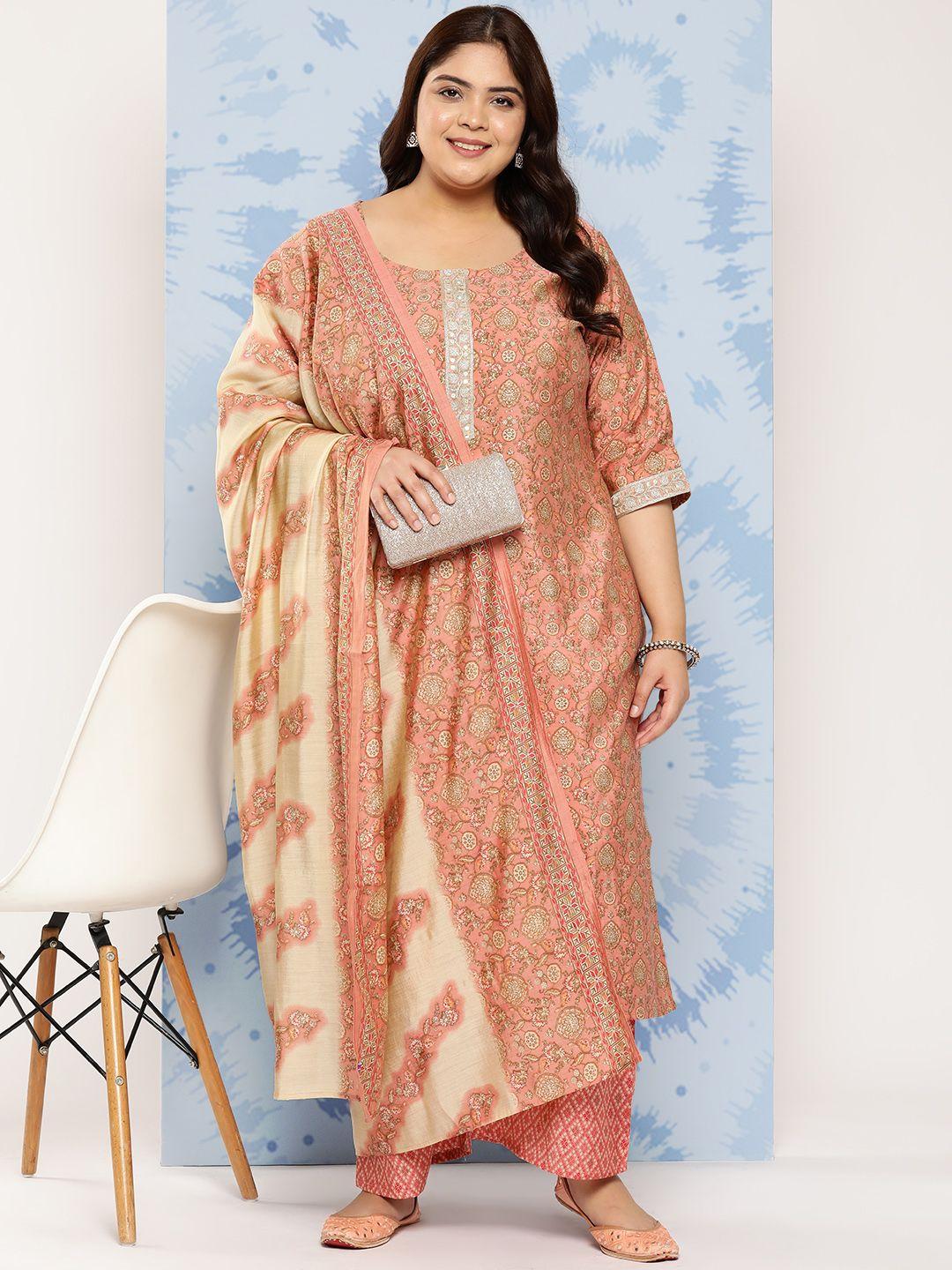 extra love by libas plus size ethnic printed sequinned kurta with trousers & dupatta