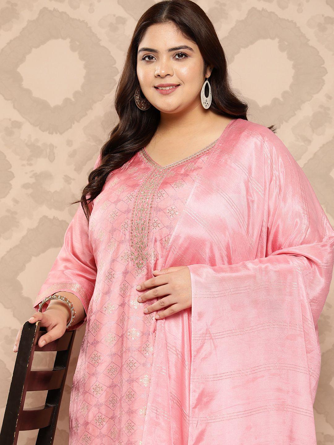 extra love by libas plus size floral embroidered regular kurta with trousers & dupatta