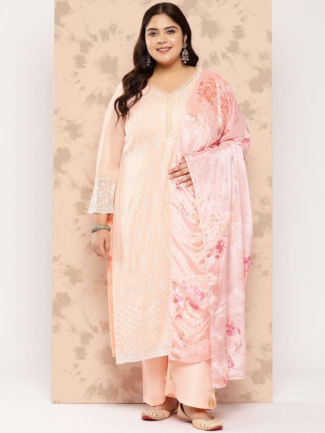 extra love by libas plus size floral embroidered thread work kurta with trousers & dupatta