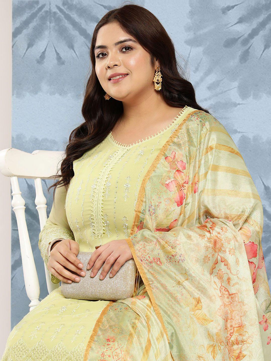 extra love by libas plus size floral embroidered thread work kurta with trousers & dupatta