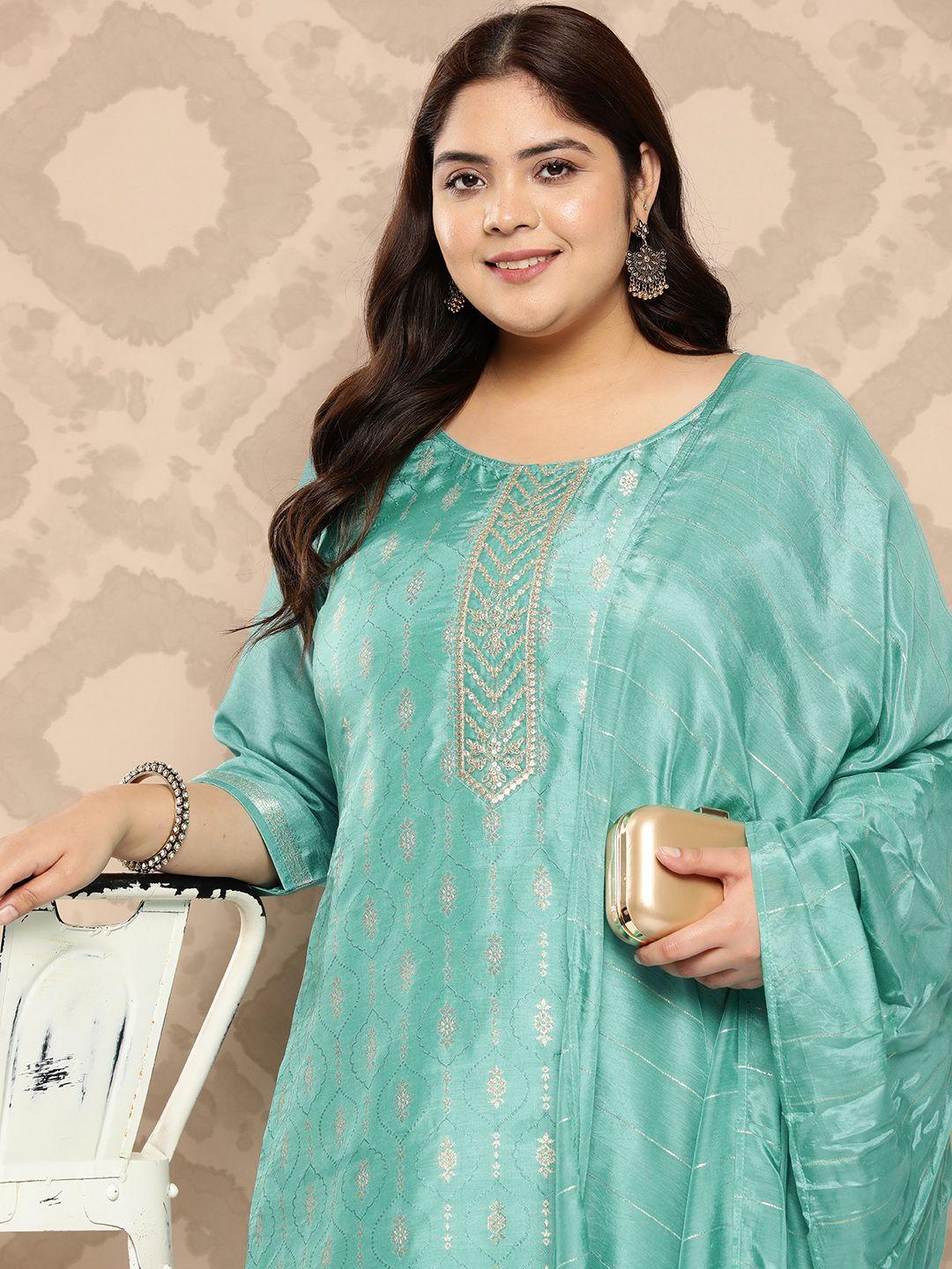 extra love by libas plus size floral embroidered zari kurta with trousers & dupatta