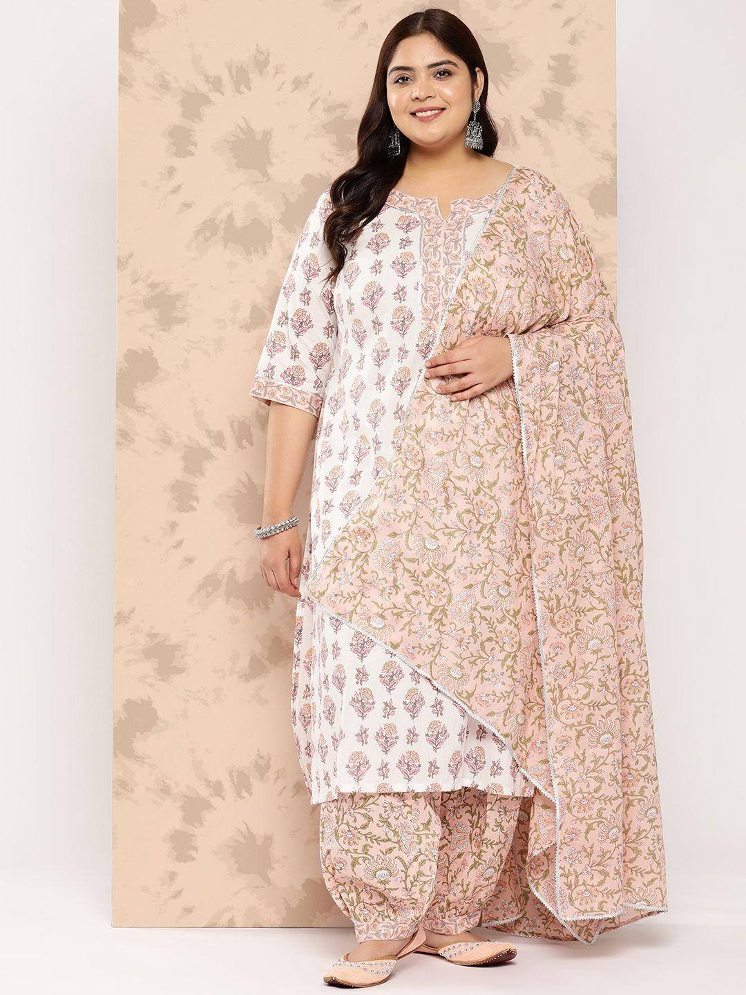 extra love by libas plus size floral gotta patti pure cotton kurta with salwar & dupatta