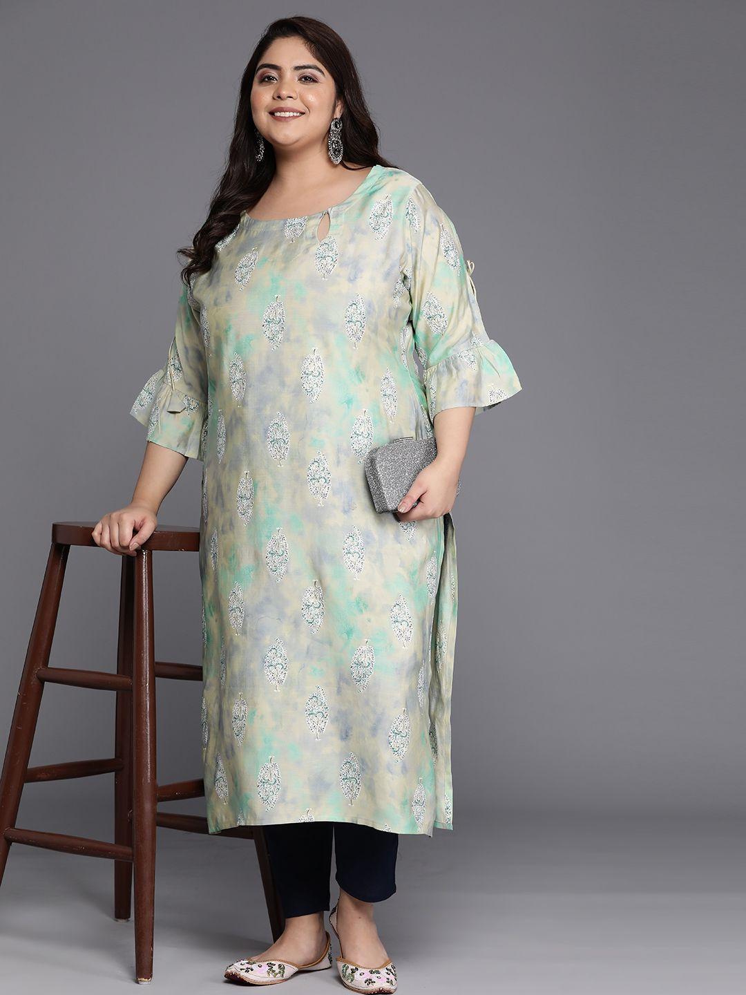 extra love by libas plus size floral printed keyhole neck bell sleeves pastels kurta