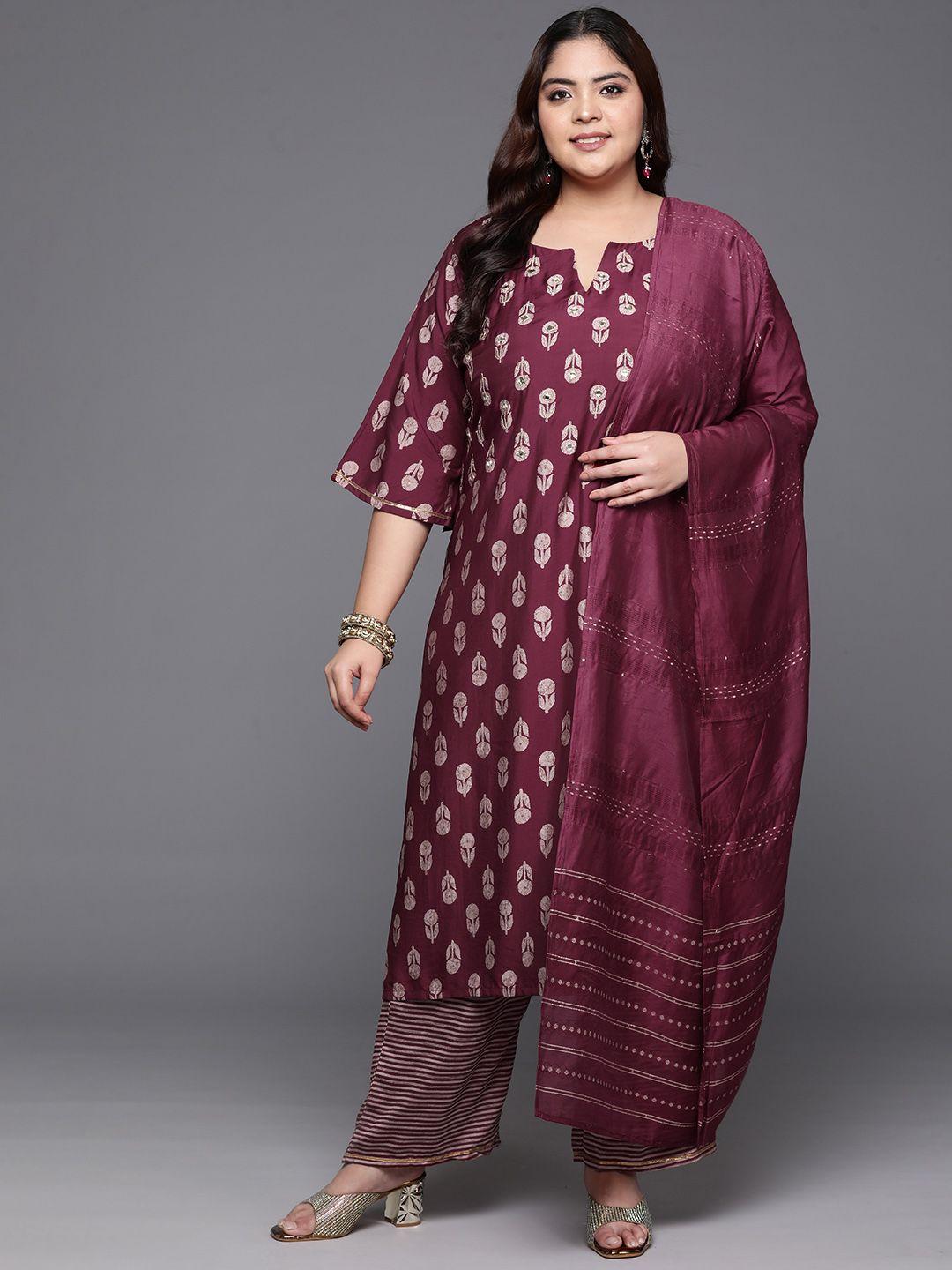 extra love by libas plus size floral printed mirror work kurta with trousers &dupatta