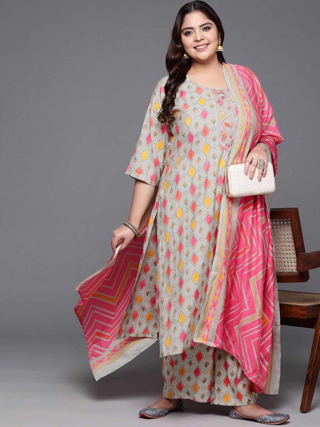 extra love by libas plus size printed gotta patti kurta with trousers & dupatta