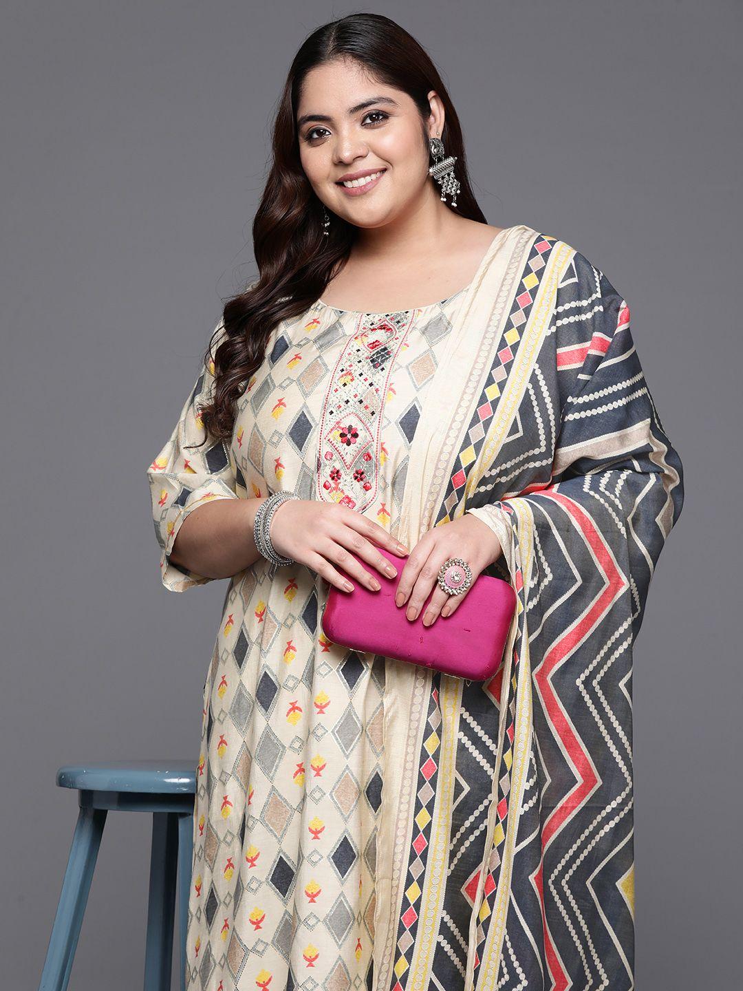 extra love by libas plus size printed regular gotta patti kurta with trousers & dupatta