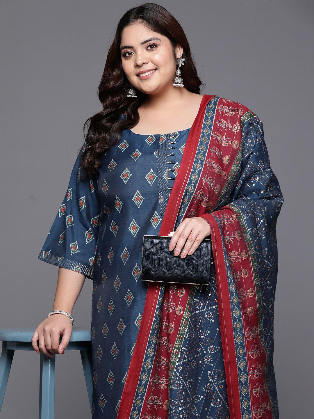 extra love by libas plus size printed regular kurta with trousers & dupatta