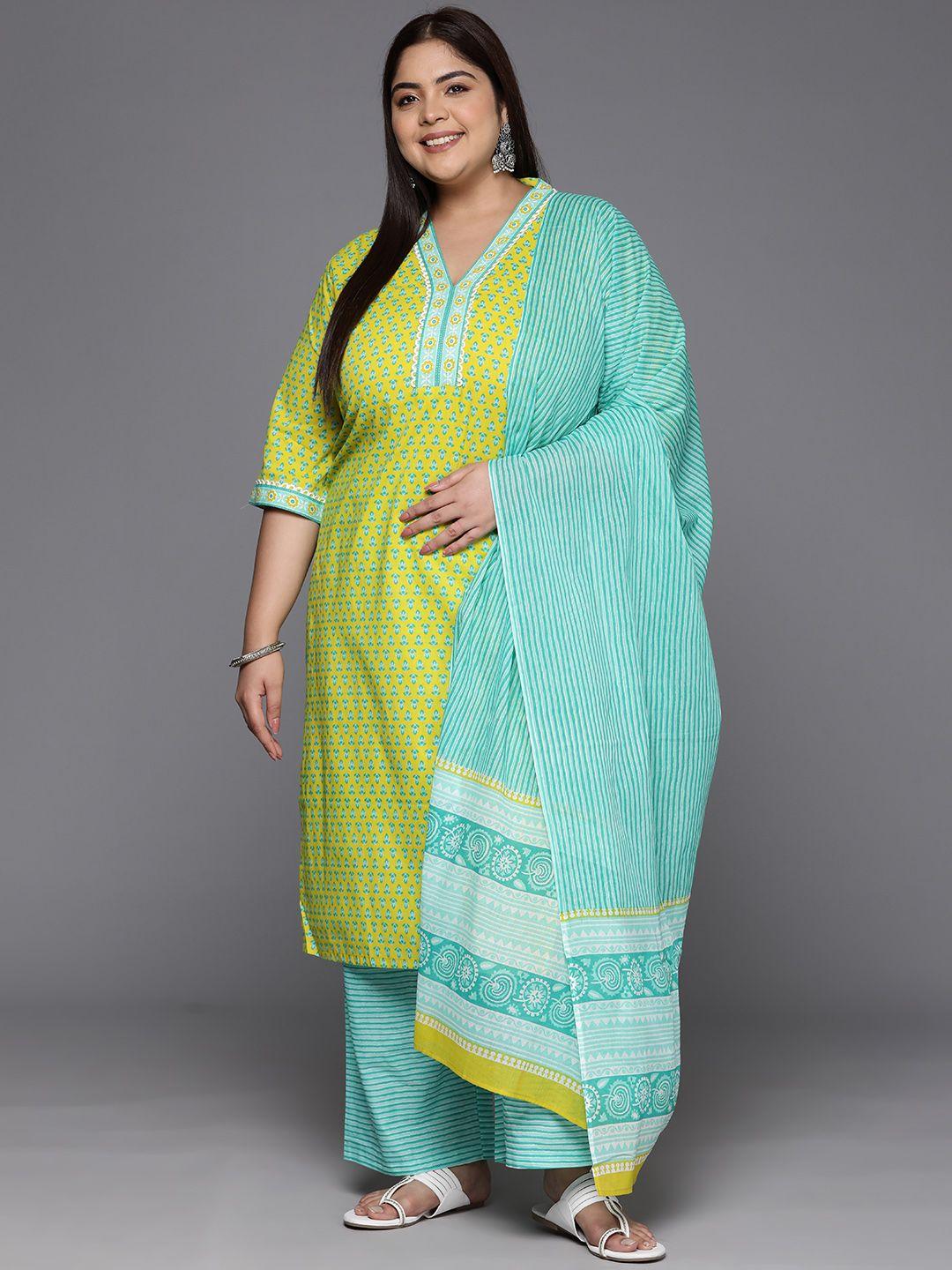 extra love by libas plus size printed regular pure cotton kurta with trousers & dupatta