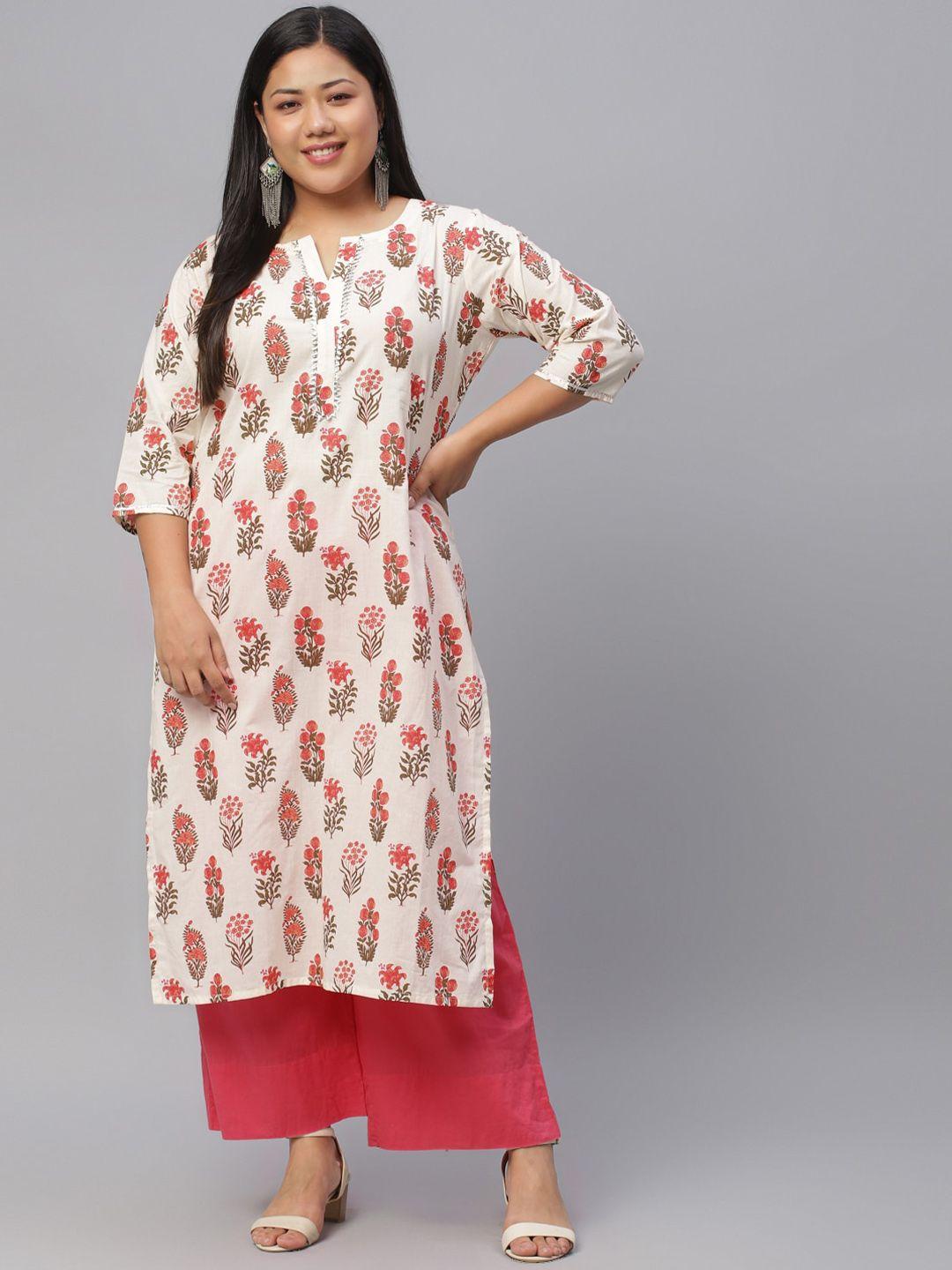 extra love by libas plus size women cream-coloured & red floral printed floral kurta