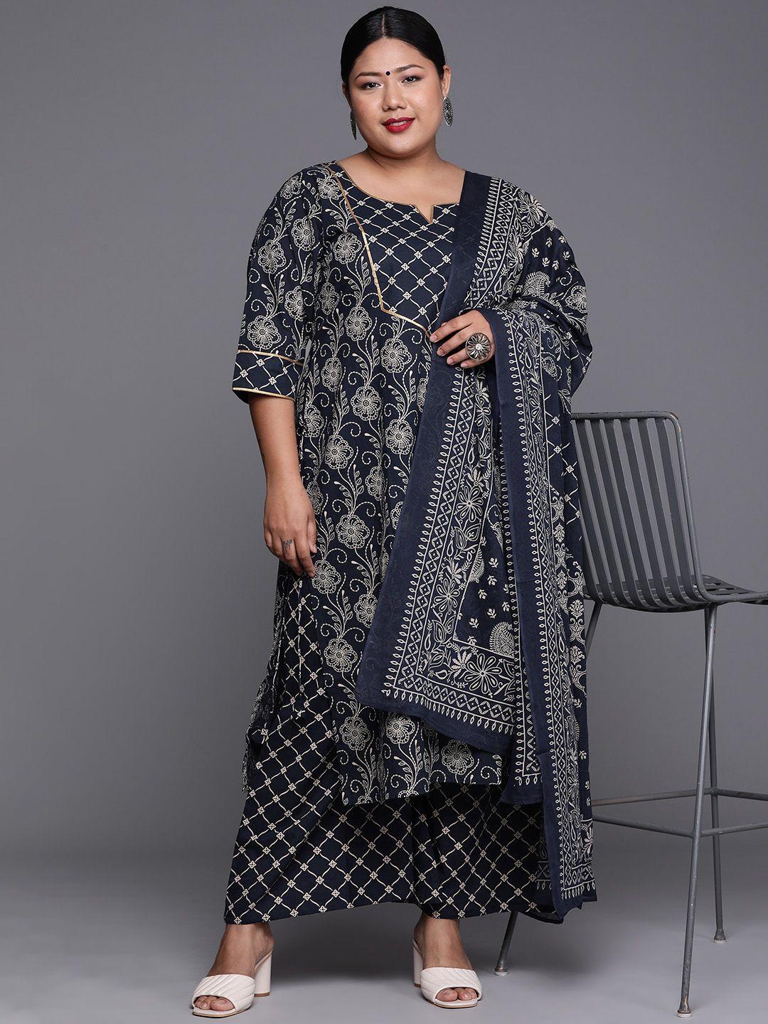 extra love by libas plus size women navyblue floral gotta patti cotton kurta set & dupatta