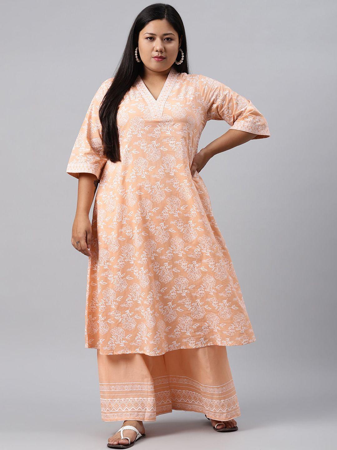 extra love by libas plus size women peach-coloured & white floral printed kurta