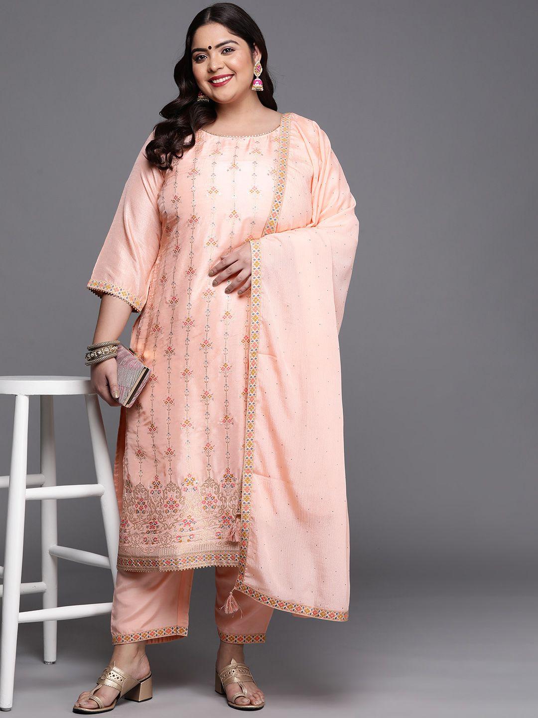 extra love by libas plus size women peach-coloured floral gotta patti kurta set & dupatta