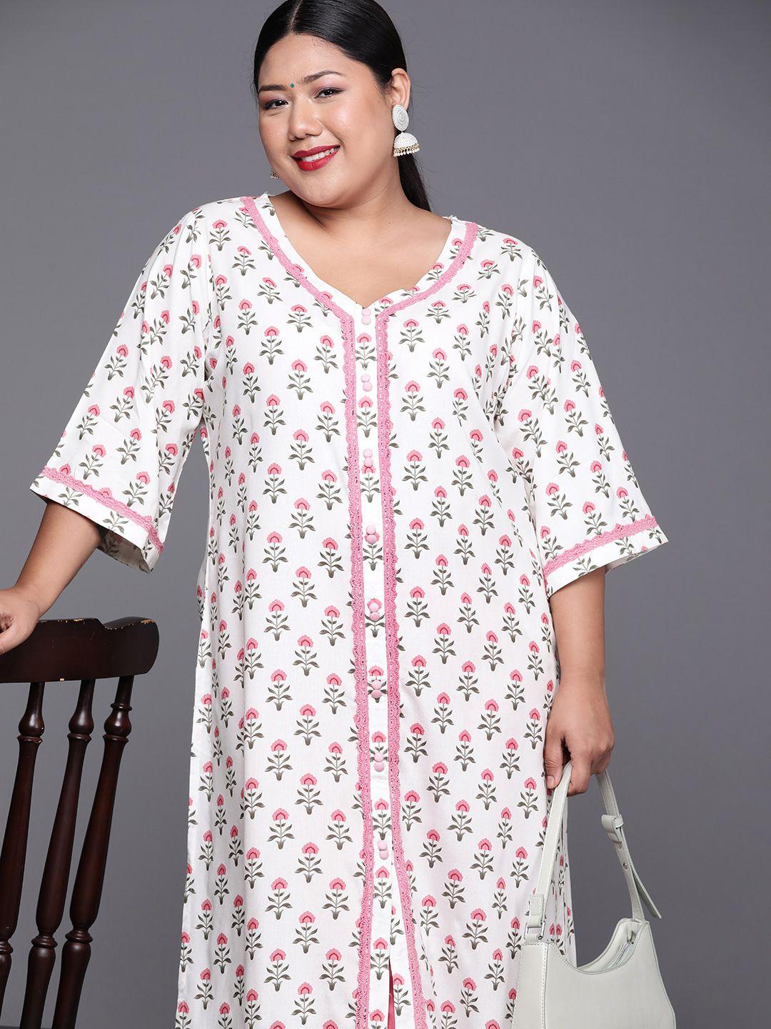 extra love by libas plus size women white & pink pure cotton floral printed kurta