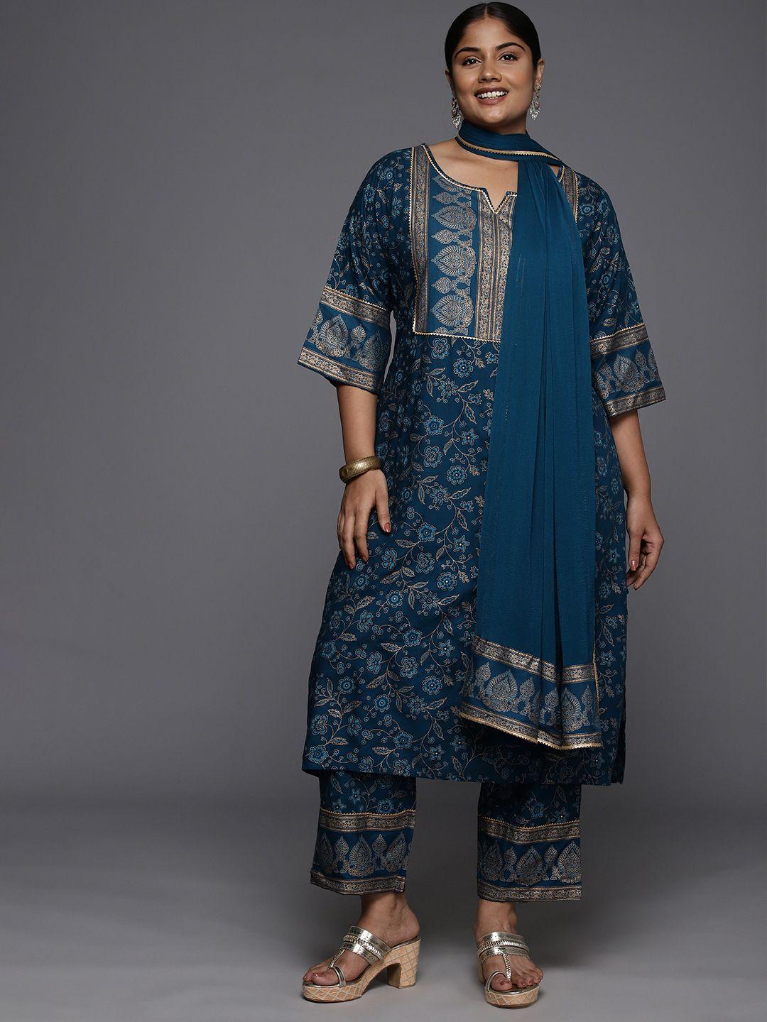 extra love by libas women blue floral printed regular gotta patti kurta with trousers & with dupatta