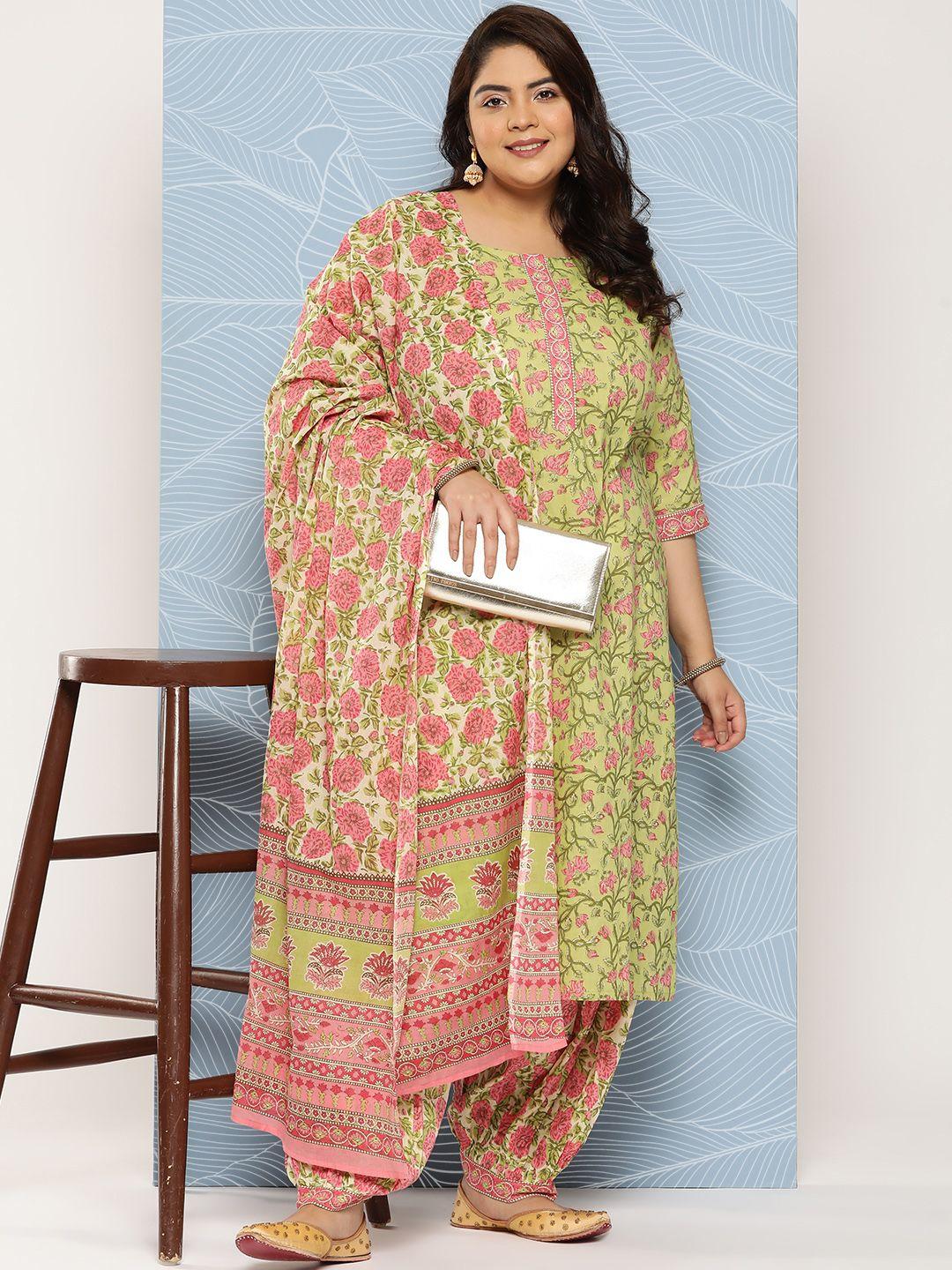 extra love by libas women green floral printed pure cotton kurta with salwar & with dupatta